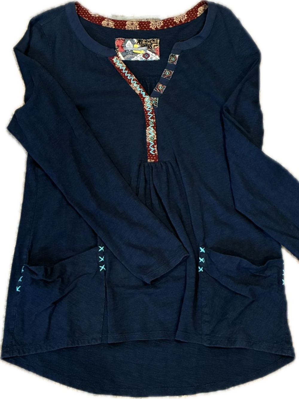 Anthropologie Navy Tunic with Multicolor Patch Trim